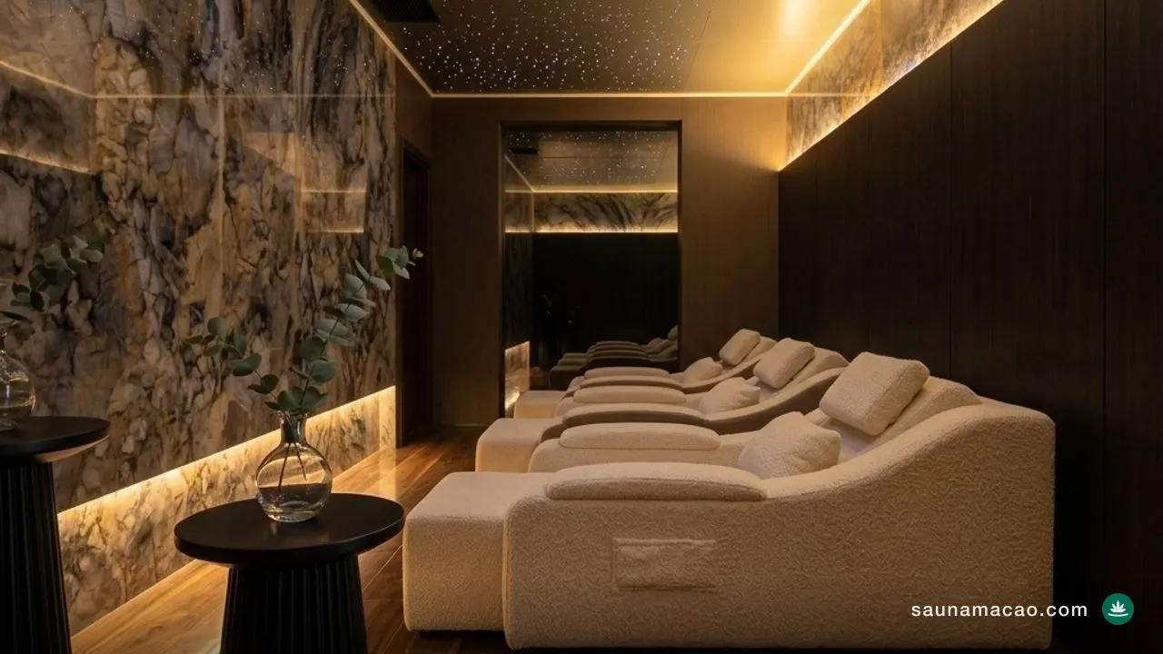 The rest lounge at Manhao Spa in Macau, cream daybeds in a row under a starry ceiling, marble on the walls