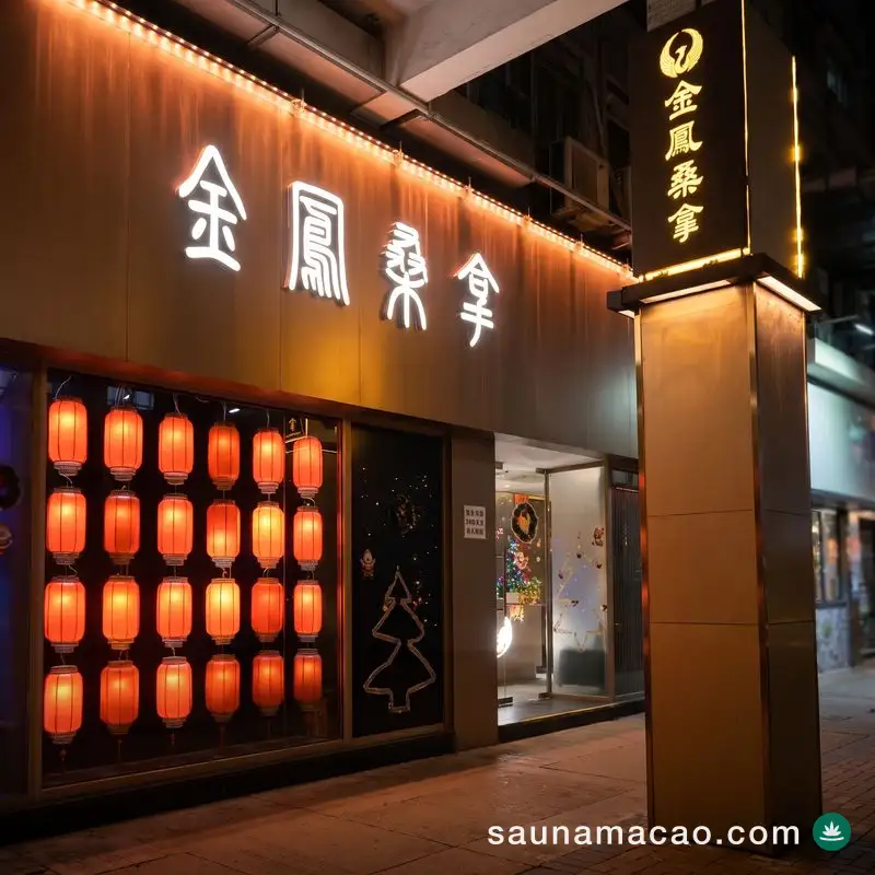 金鳳桑拿 — 夜晚的金鳳桑拿門口，亮燈的「金鳳桑拿」招牌與櫥窗紅燈籠
